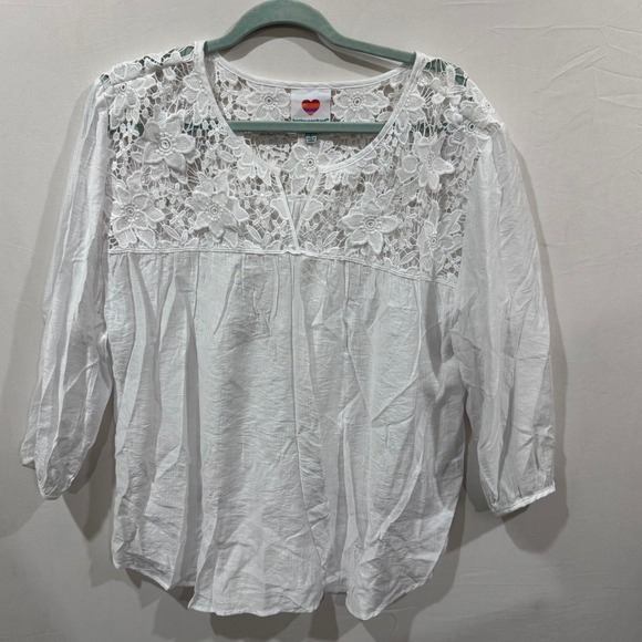 Hester & Orchard Tops - Hester & Orchard White Lace Floral Yoke Boho Blouse Women Lrge 3/4 Sleeve V-Neck